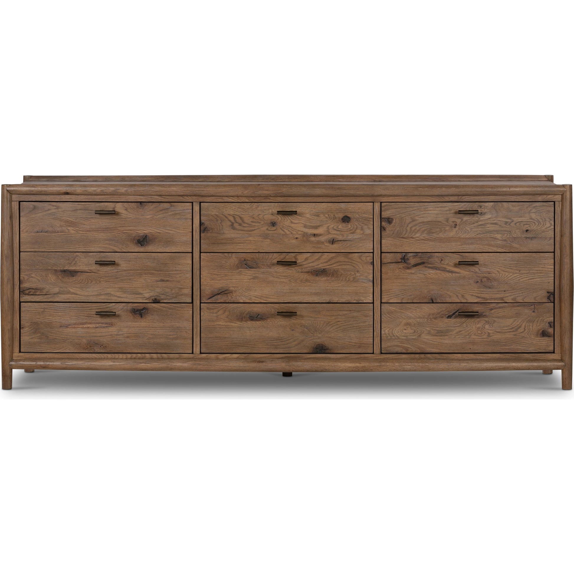 Glenview 9 Drawer Dresser by Four Hands in weathered oak. Made from thick oak veneer, solid oak in a modern style.