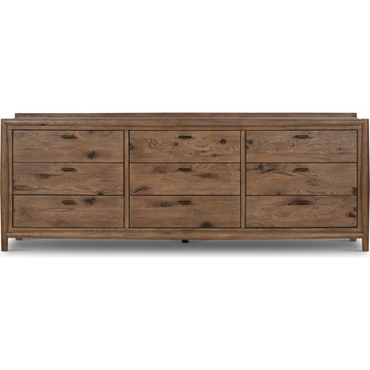Glenview 9 Drawer Dresser by Four Hands in weathered oak. Made from thick oak veneer, solid oak in a modern style.