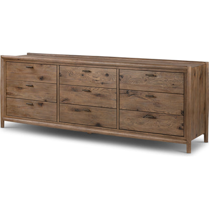 Glenview 9 Drawer Dresser by Four Hands in weathered oak. Made from thick oak veneer, solid oak in a modern style.