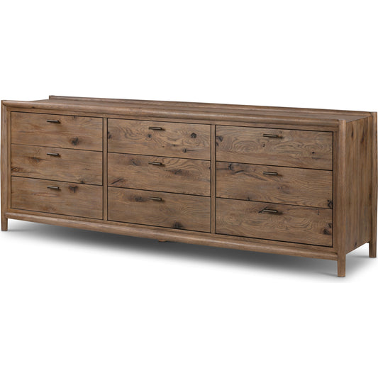 Glenview 9 Drawer Dresser by Four Hands in weathered oak. Made from thick oak veneer, solid oak in a modern style.