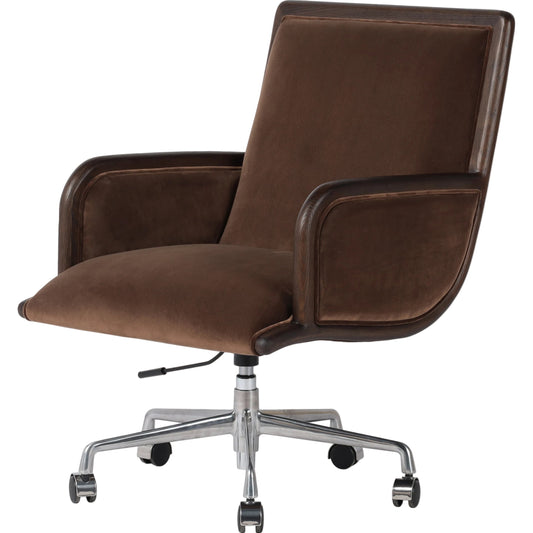 Samford Desk Chair by Four Hands in sapphire coco and coco nettlewood, polished aluminum. Made from solid nettlewood, 92% polyester, 5% cotton, 3% latex, aluminum in a modern style.