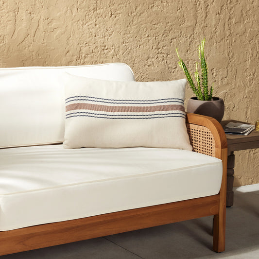 Dashel Long Stripe Outdoor Pillow by Four Hands in long gold stripe. Made from 100% polyethylene terephthalate (pet), down alternative fiber, 100% polyester in a unique style.