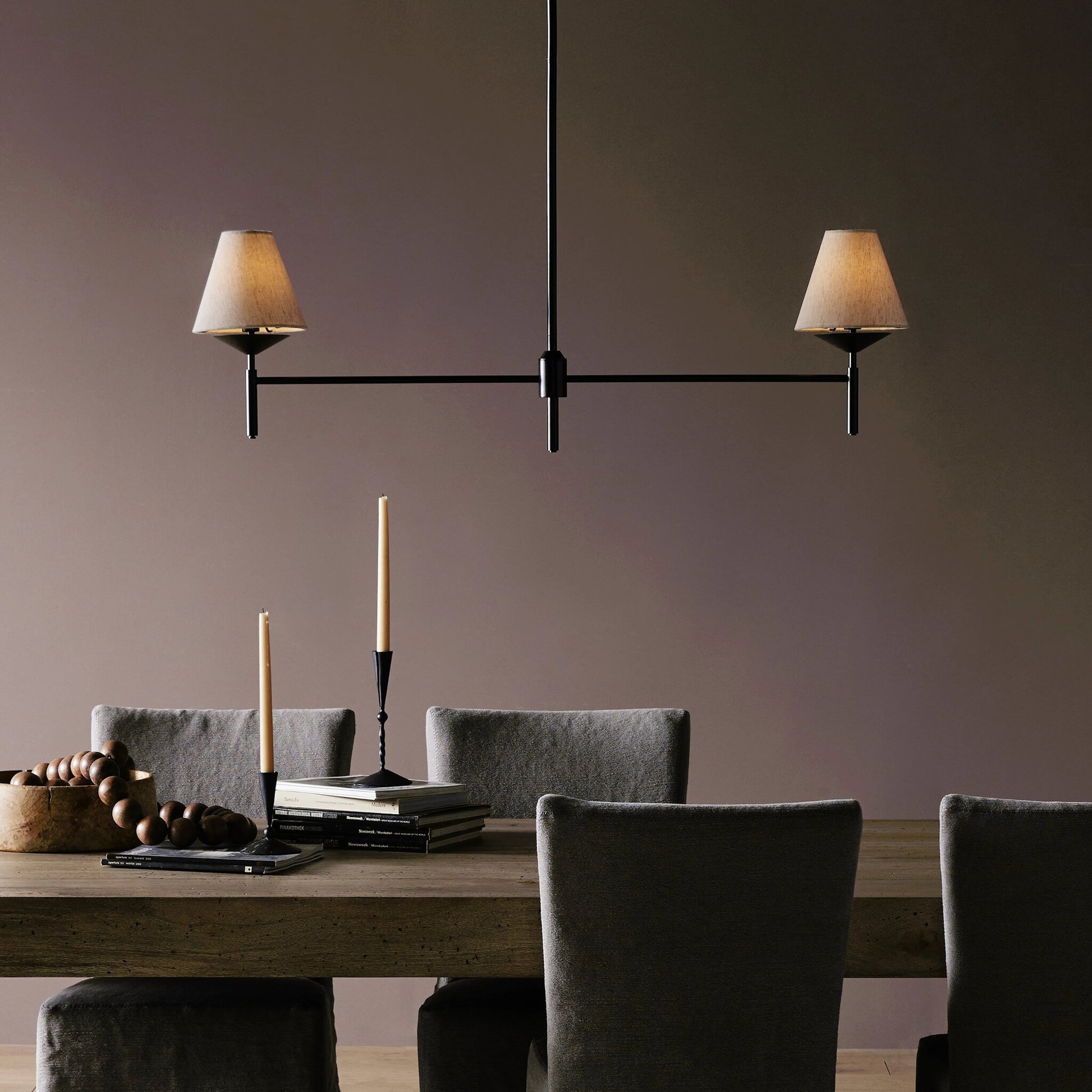 Dodie Linear Chandelier by Four Hands in jet black. Made from iron, 100% cotton in a transitional style.