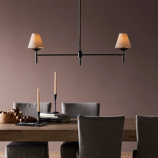 Dodie Linear Chandelier by Four Hands in jet black. Made from iron, 100% cotton in a transitional style.