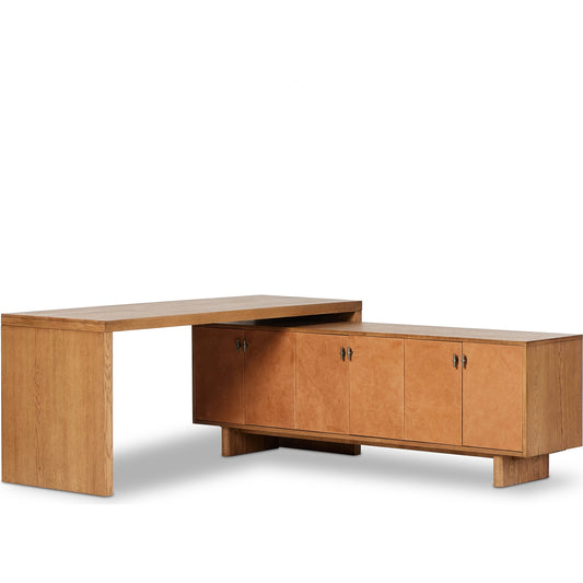 Posada L-Shaped Desk by Four Hands in amber oak. Made from oak veneer, top grain leather, solid oak in a modern style.