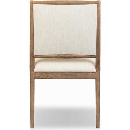 Glenview Dining Chair by Four Hands in essence natural and weathered oak. Made from 49% viscose (rayon), 22% flax, linen, 18% polyester, 11% cotton, solid oak in a modern style.