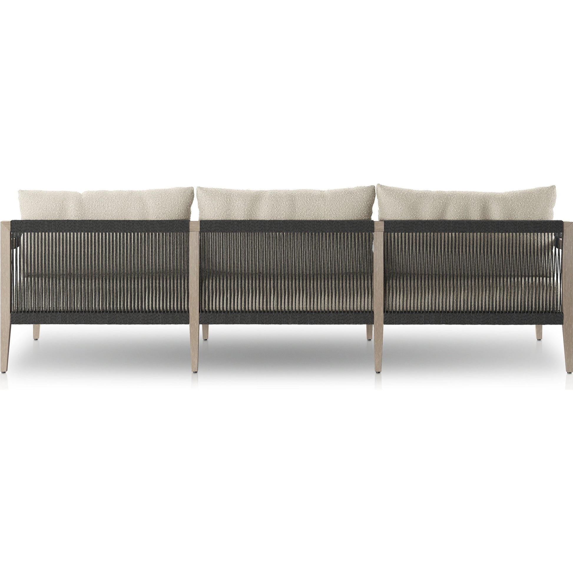 Sherwood Outdoor Sofa, Weathered Grey by Four Hands. Made from 100% olefin, solid fsc®-certified teak, 100% polypropylene in a coastal style.