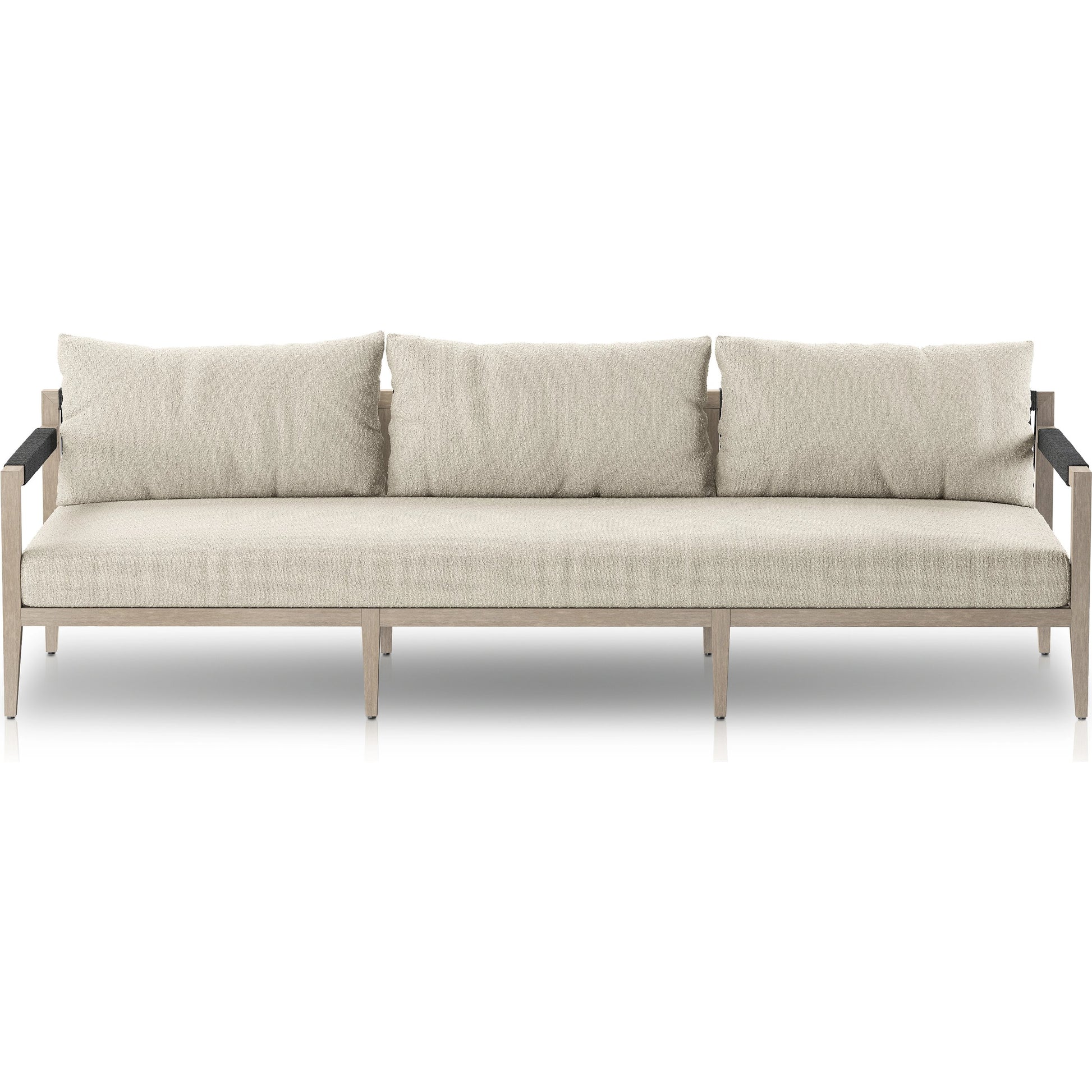 Sherwood Outdoor Sofa, Weathered Grey by Four Hands. Made from 100% olefin, solid fsc®-certified teak, 100% polypropylene in a coastal style.