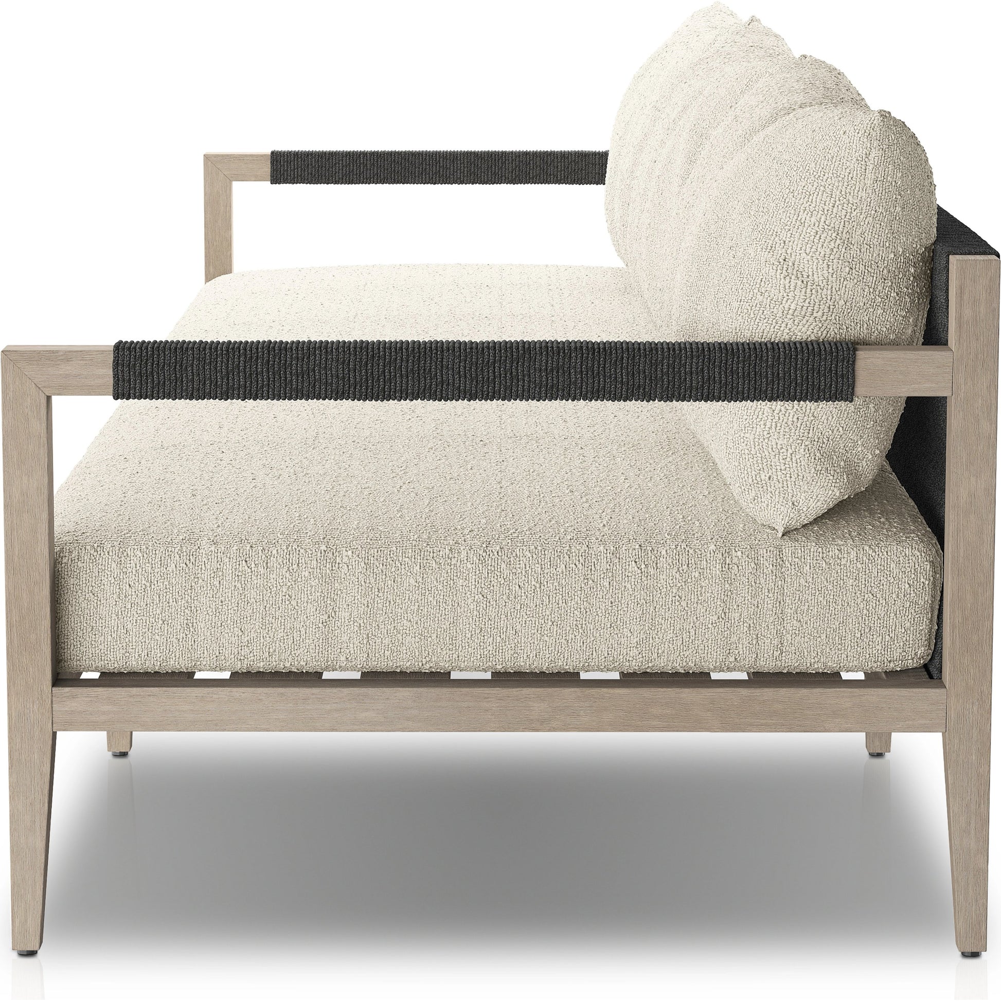 Sherwood Outdoor Sofa, Weathered Grey by Four Hands. Made from 100% olefin, solid fsc®-certified teak, 100% polypropylene in a coastal style.