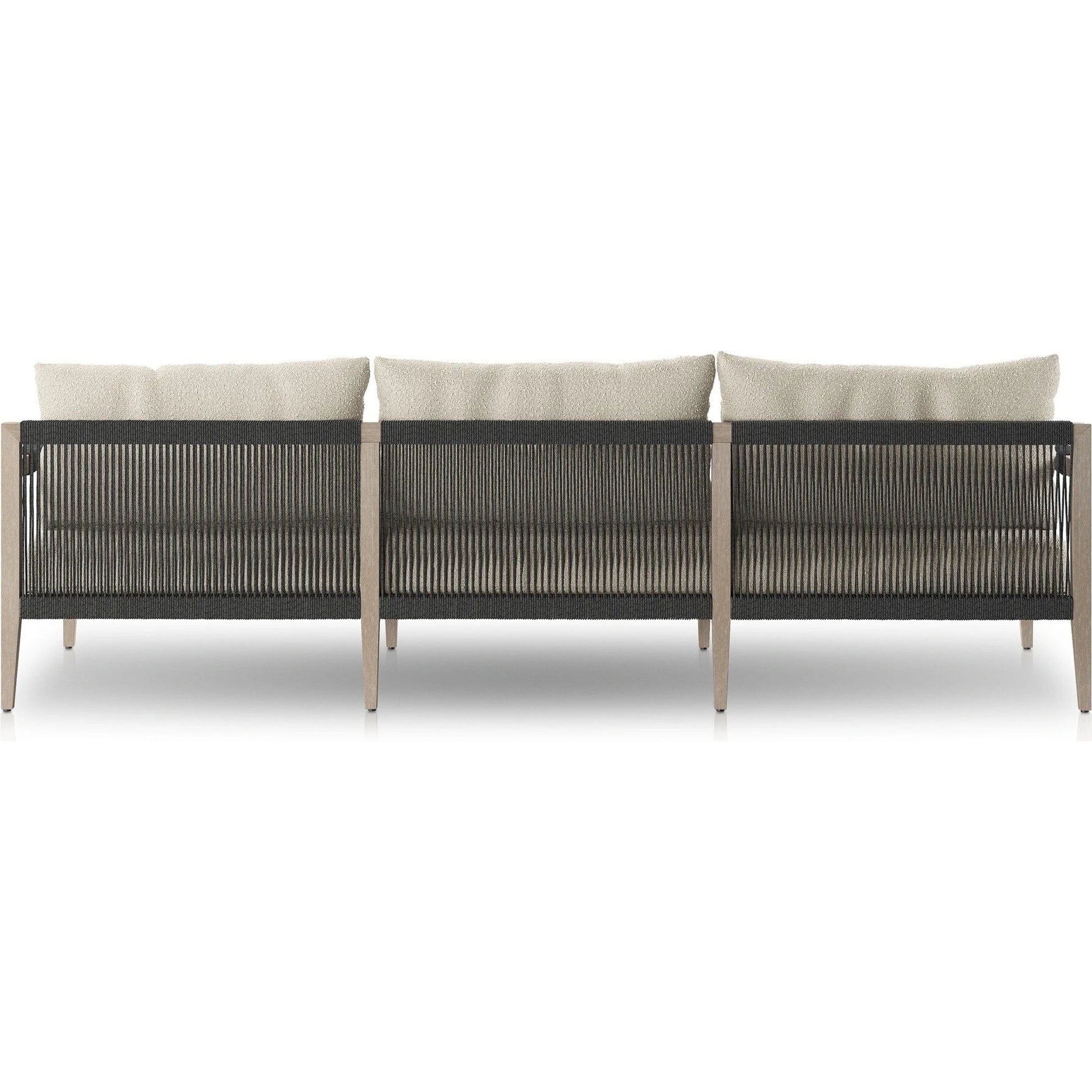 Sherwood Outdoor Sofa, Weathered Grey by Four Hands. Made from 100% olefin, solid fsc®-certified teak, 100% polypropylene in a coastal style.