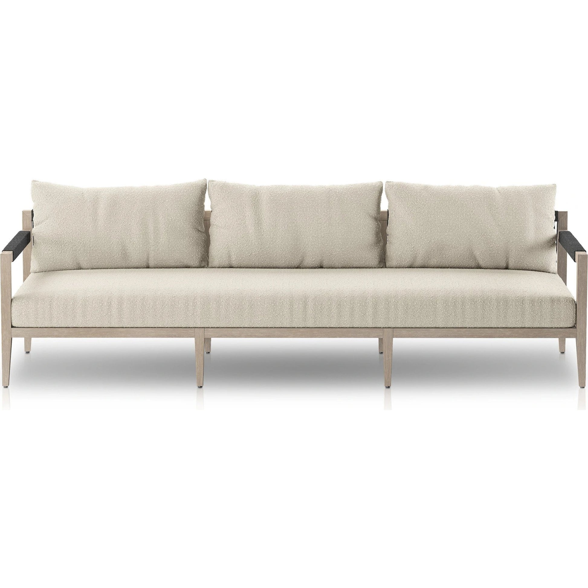 Sherwood Outdoor Sofa, Weathered Grey by Four Hands. Made from 100% olefin, solid fsc®-certified teak, 100% polypropylene in a coastal style.