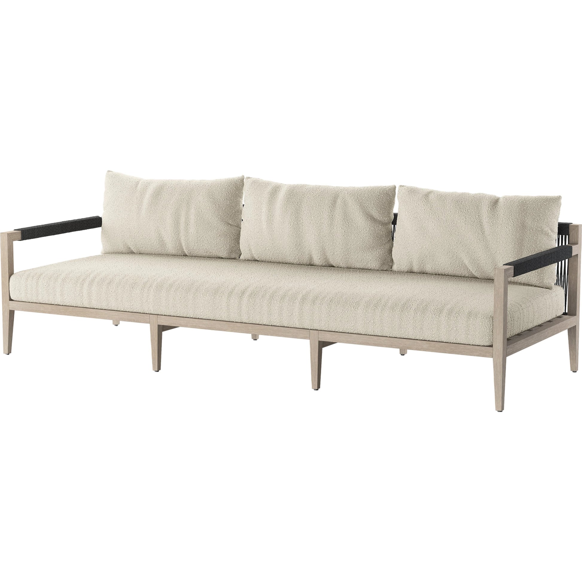 Sherwood Outdoor Sofa, Weathered Grey by Four Hands. Made from 100% olefin, solid fsc®-certified teak, 100% polypropylene in a coastal style.