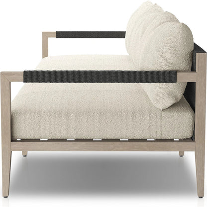 Sherwood Outdoor Sofa, Weathered Grey by Four Hands. Made from 100% olefin, solid fsc®-certified teak, 100% polypropylene in a coastal style.
