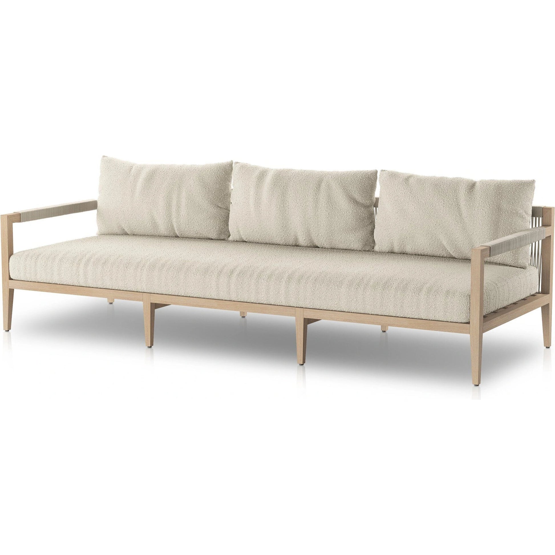 Sherwood Outdoor Sofa, Washed Brown by Four Hands. Made from 100% olefin, solid fsc®-certified teak, 100% polypropylene in a coastal style.