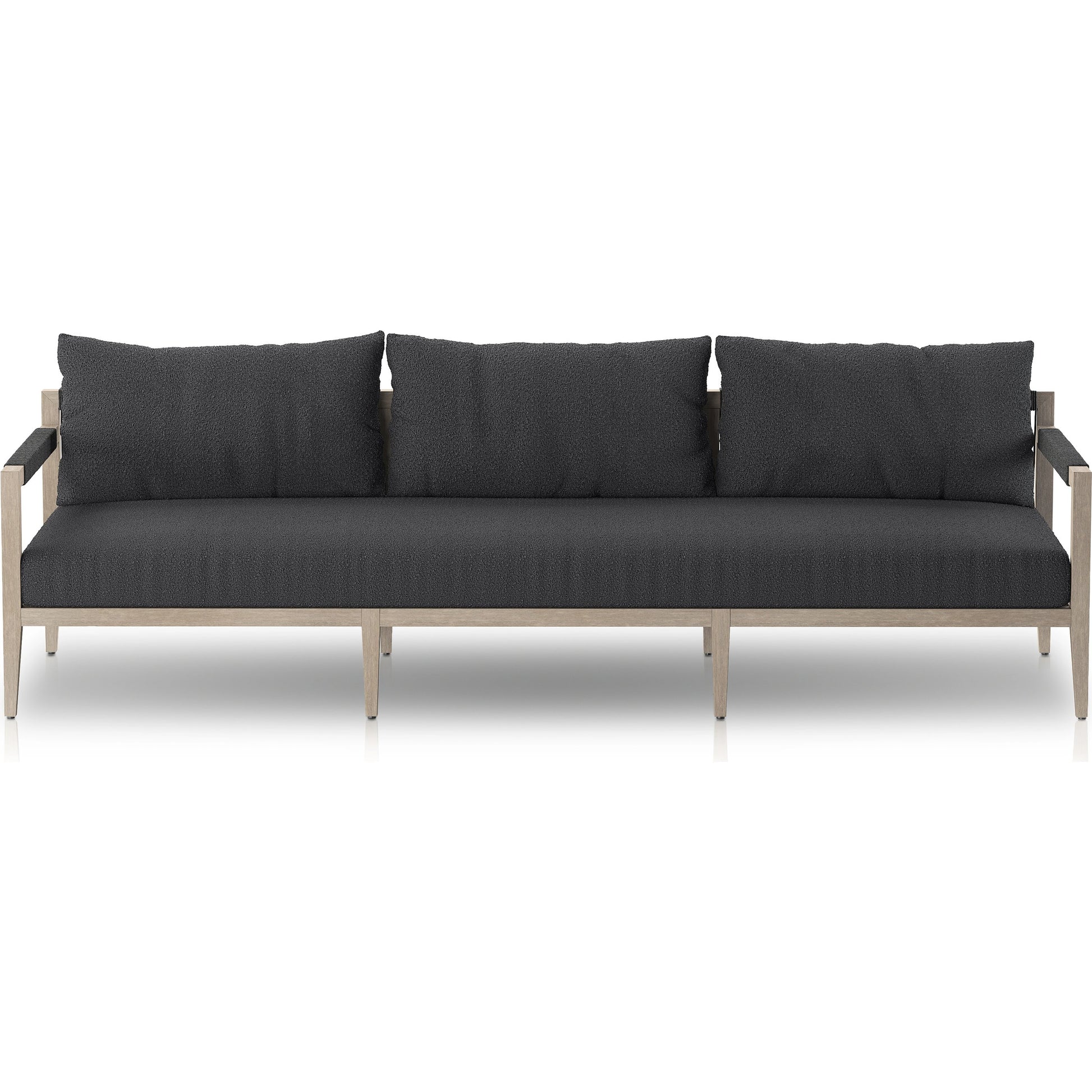Sherwood Outdoor Sofa, Weathered Grey by Four Hands. Made from 100% olefin, solid fsc®-certified teak, 100% polypropylene in a coastal style.