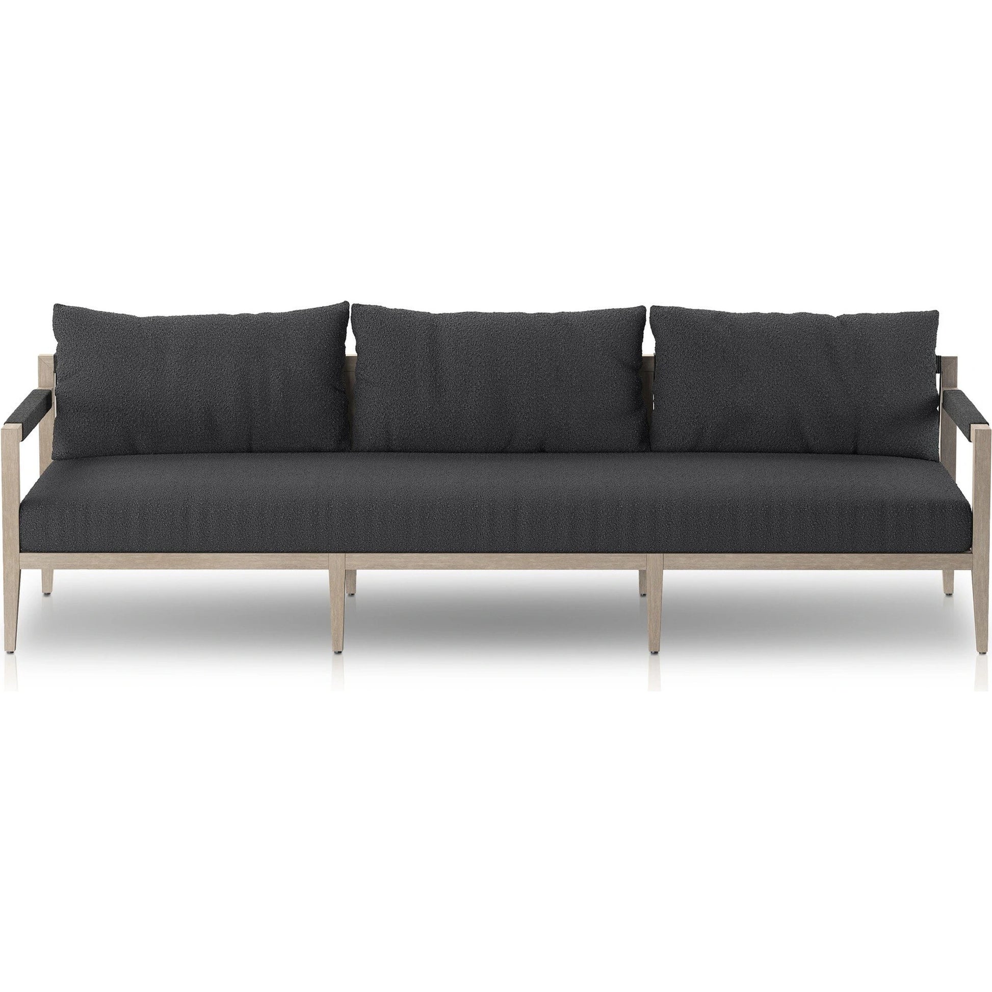 Sherwood Outdoor Sofa, Weathered Grey by Four Hands. Made from 100% olefin, solid fsc®-certified teak, 100% polypropylene in a coastal style.