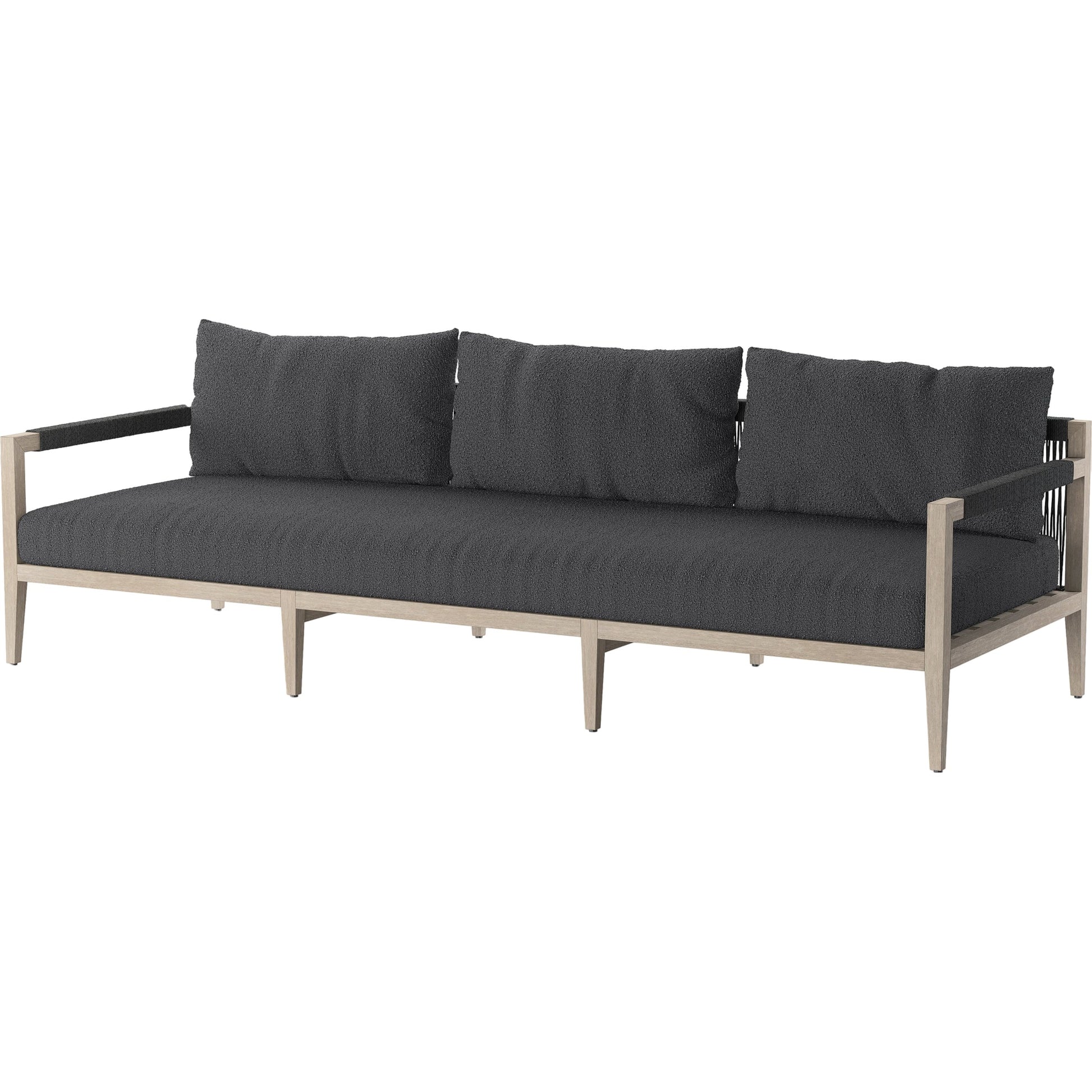 Sherwood Outdoor Sofa, Weathered Grey by Four Hands. Made from 100% olefin, solid fsc®-certified teak, 100% polypropylene in a coastal style.