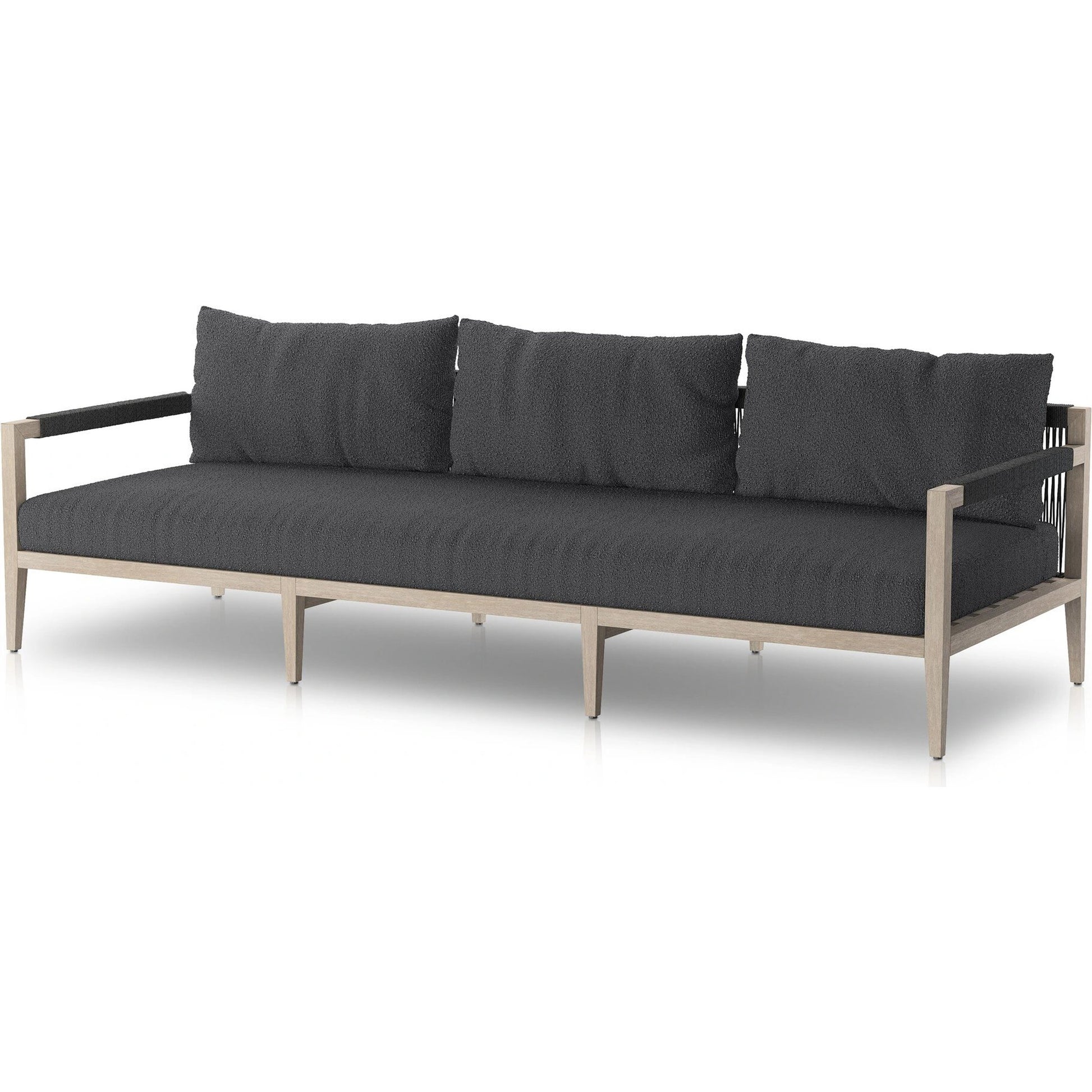 Sherwood Outdoor Sofa, Weathered Grey by Four Hands. Made from 100% olefin, solid fsc®-certified teak, 100% polypropylene in a coastal style.