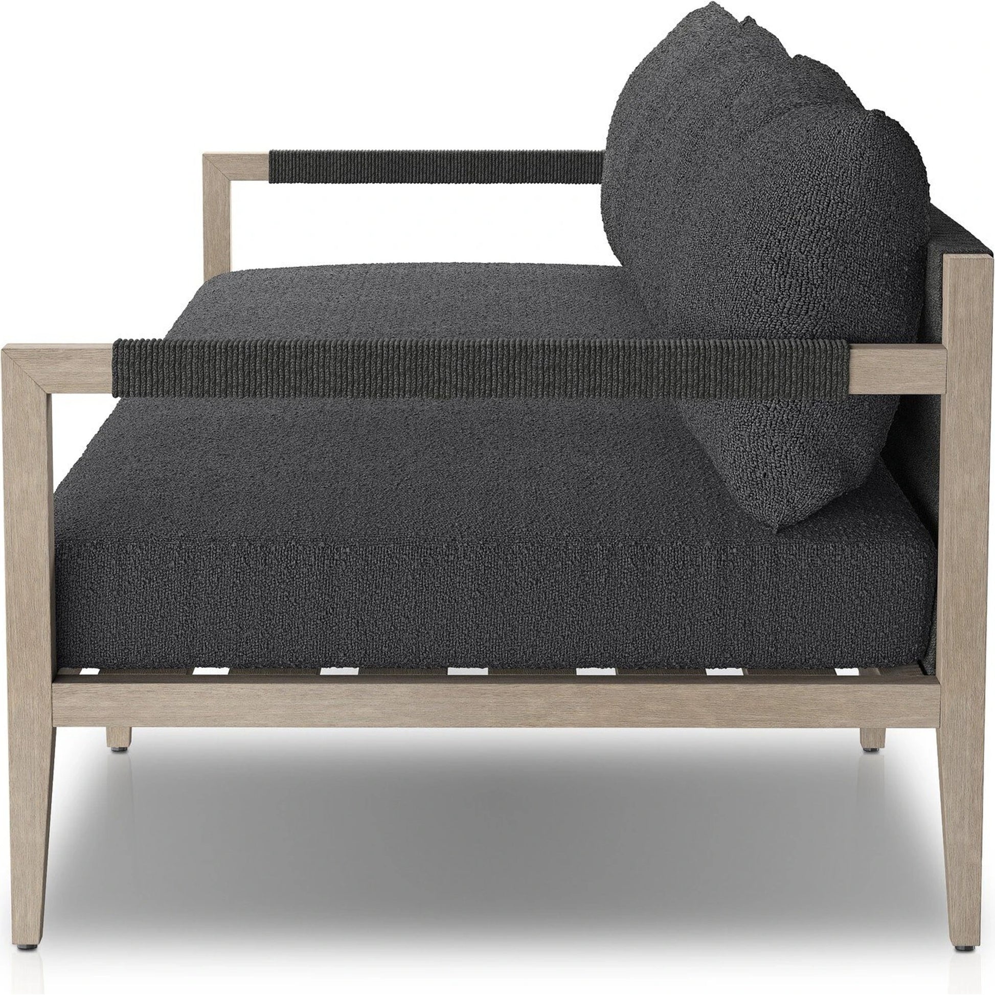 Sherwood Outdoor Sofa, Weathered Grey by Four Hands. Made from 100% olefin, solid fsc®-certified teak, 100% polypropylene in a coastal style.