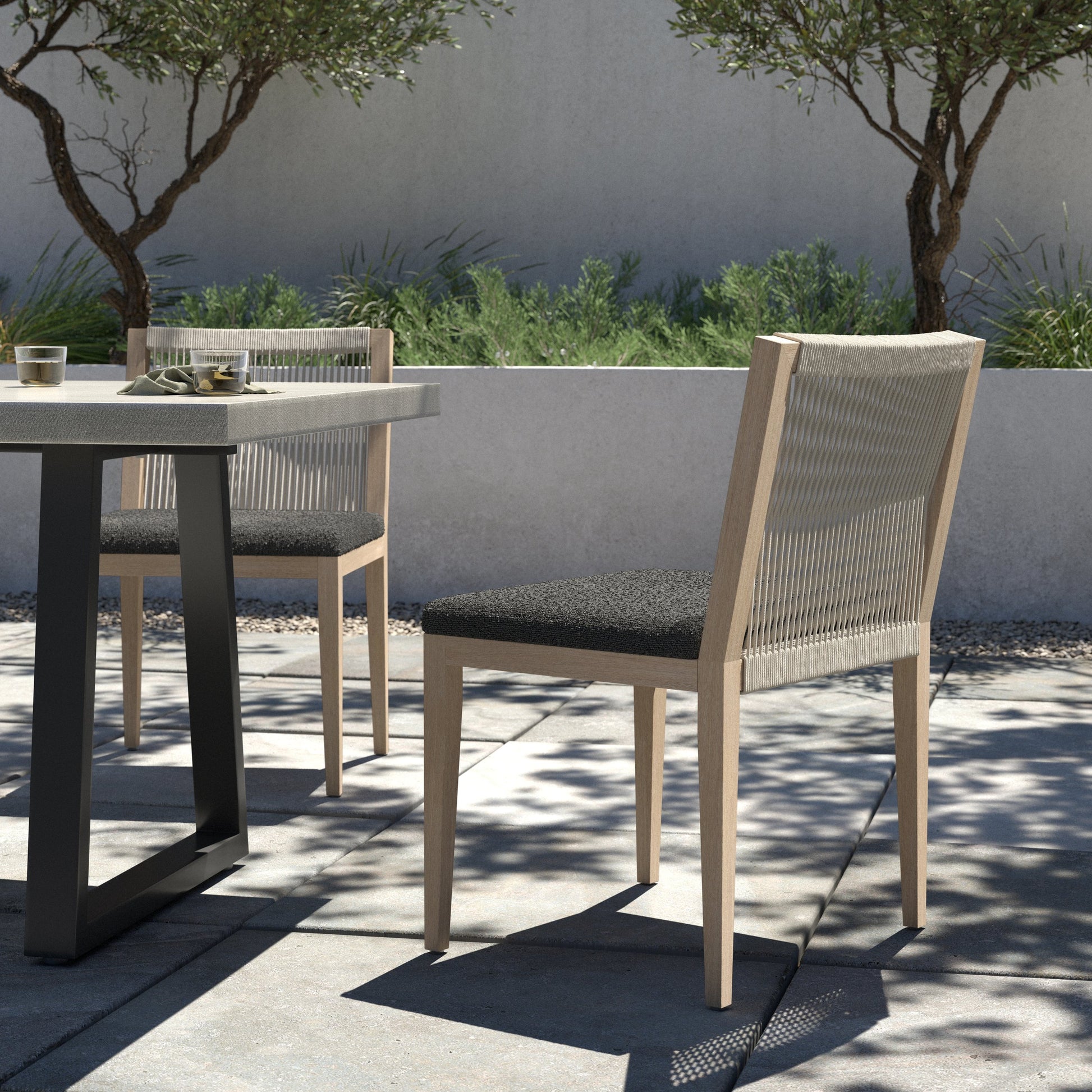 Sherwood Outdoor Dining Chair, Washed Brown by Four Hands in washed brown. Made from 100% olefin, solid fsc®-certified teak, 100% polypropylene in a cottage & farmhouse style.