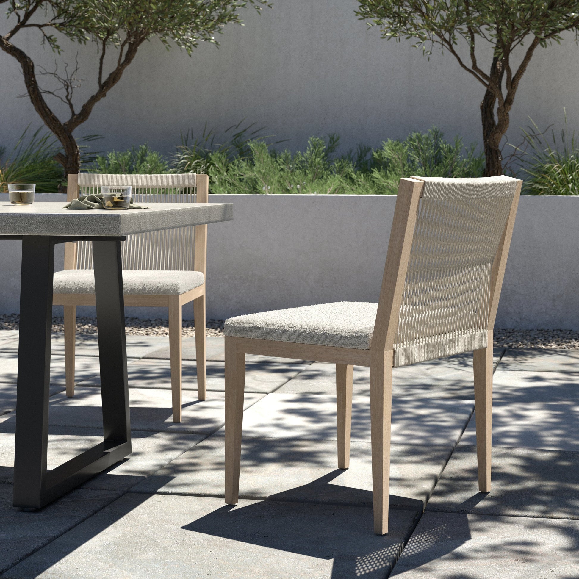 Sherwood Outdoor Dining Chair, Washed Brown by Four Hands in washed brown. Made from 100% olefin, solid fsc®-certified teak, 100% polypropylene in a cottage & farmhouse style.