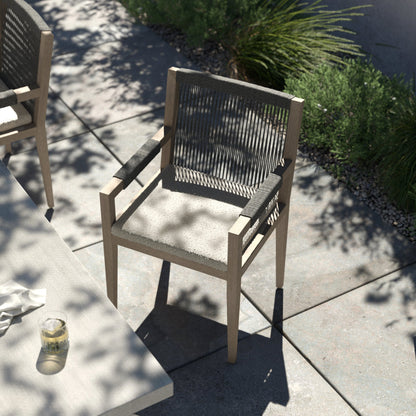 Sherwood Outdoor Dining Armchair, Weathered Grey by Four Hands. Made from 100% olefin, solid fsc®-certified teak, 100% polypropylene in a coastal style.