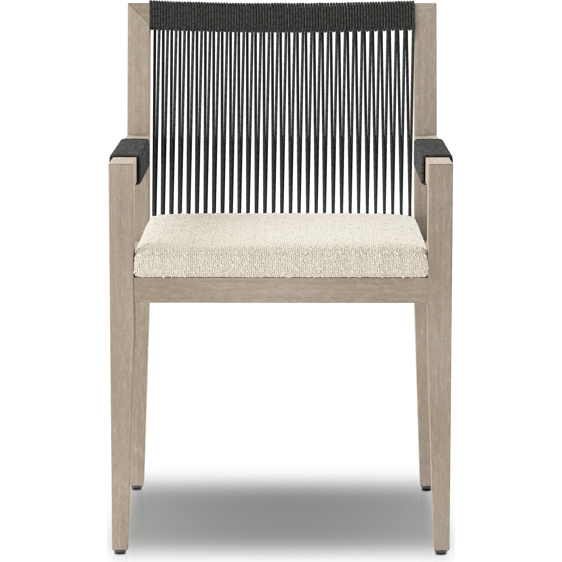Sherwood Outdoor Dining Armchair, Weathered Grey by Four Hands. Made from 100% olefin, solid fsc®-certified teak, 100% polypropylene in a coastal style.