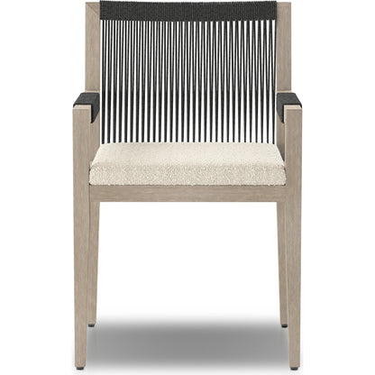 Sherwood Outdoor Dining Armchair, Weathered Grey by Four Hands. Made from 100% olefin, solid fsc®-certified teak, 100% polypropylene in a coastal style.