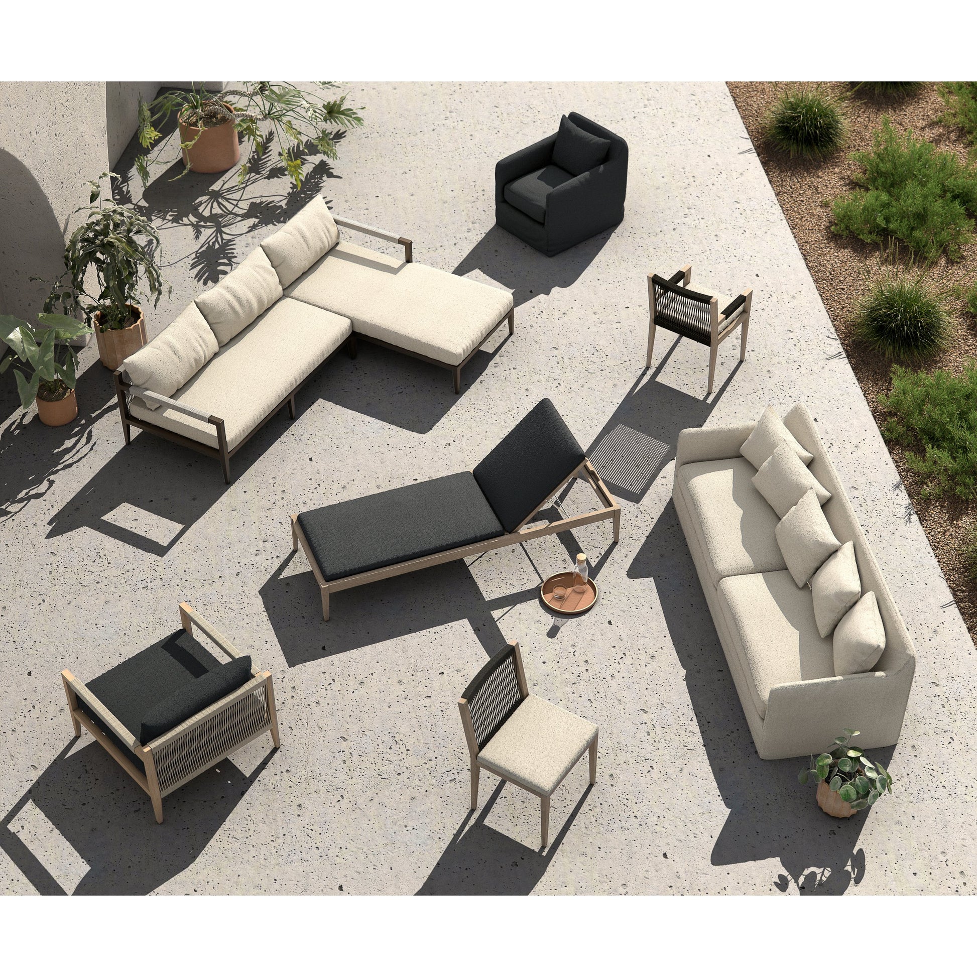 Sherwood Outdoor Dining Armchair, Weathered Grey by Four Hands. Made from 100% olefin, solid fsc®-certified teak, 100% polypropylene in a coastal style.