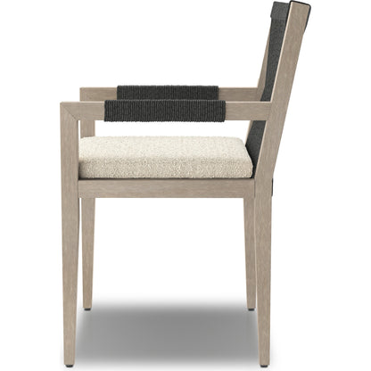 Sherwood Outdoor Dining Armchair, Weathered Grey by Four Hands. Made from 100% olefin, solid fsc®-certified teak, 100% polypropylene in a coastal style.