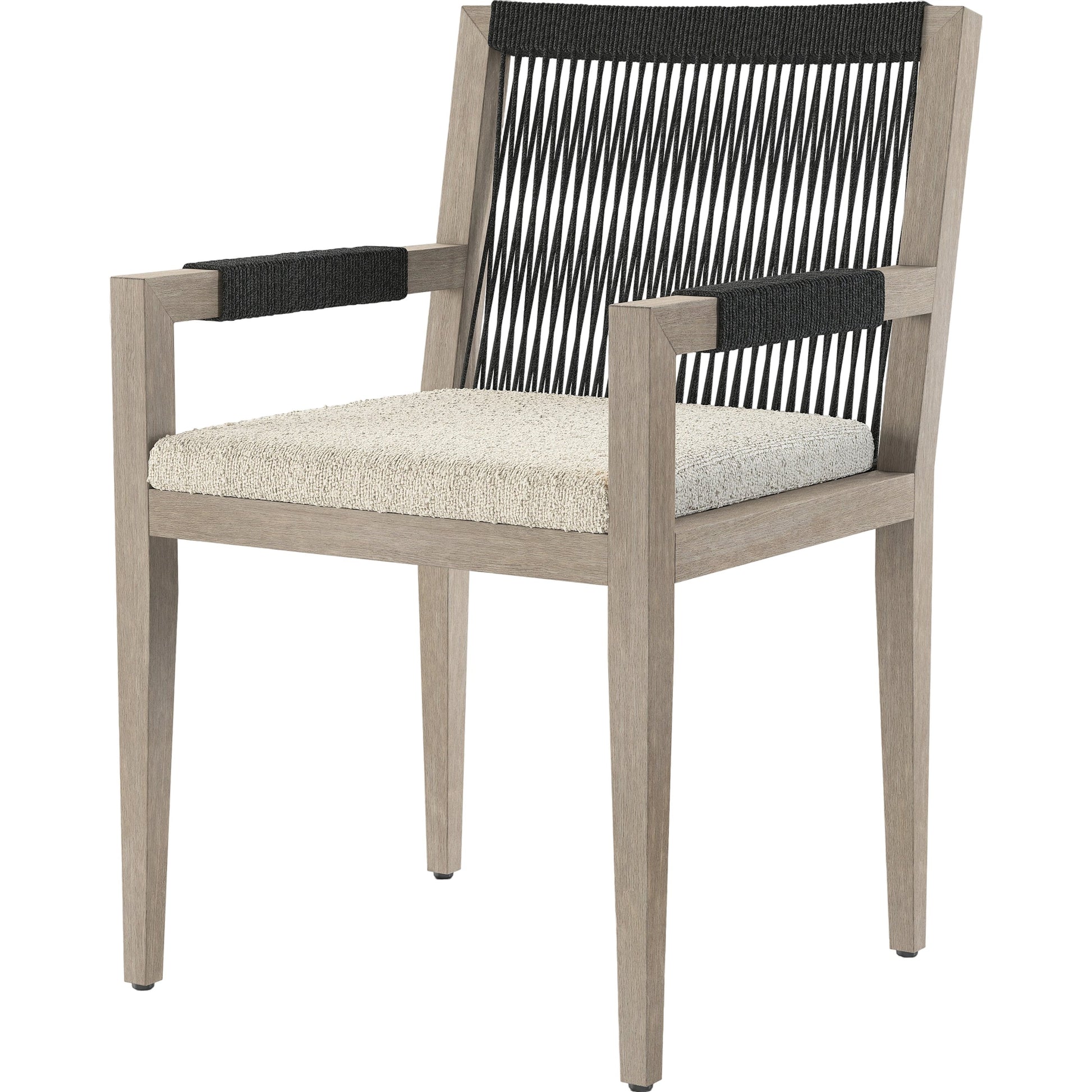 Sherwood Outdoor Dining Armchair, Weathered Grey by Four Hands. Made from 100% olefin, solid fsc®-certified teak, 100% polypropylene in a coastal style.