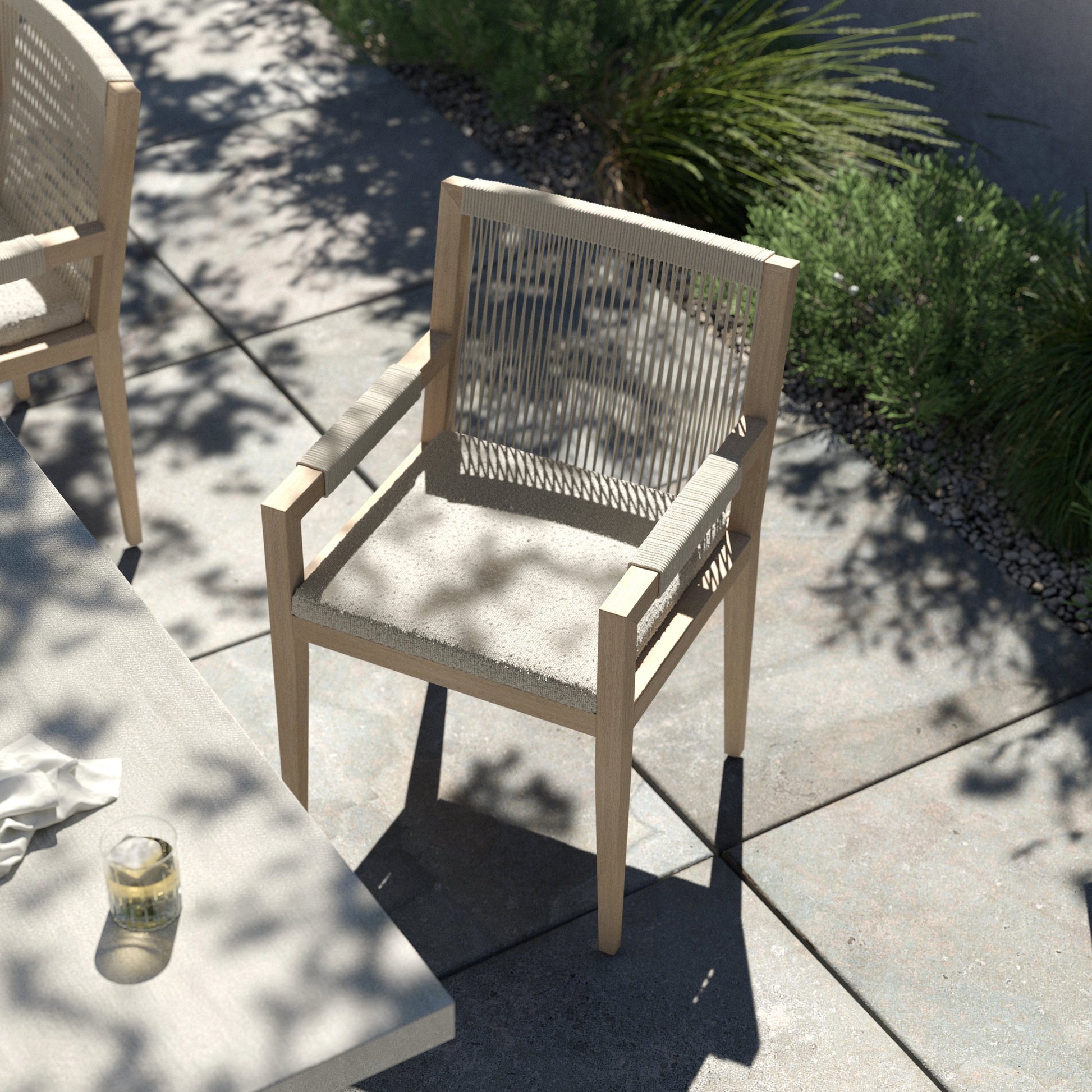 Sherwood Dining Armchair, Washed Brown by Four Hands. Made from 100% olefin, solid fsc®-certified teak, 100% polypropylene in a cottage & farmhouse style.