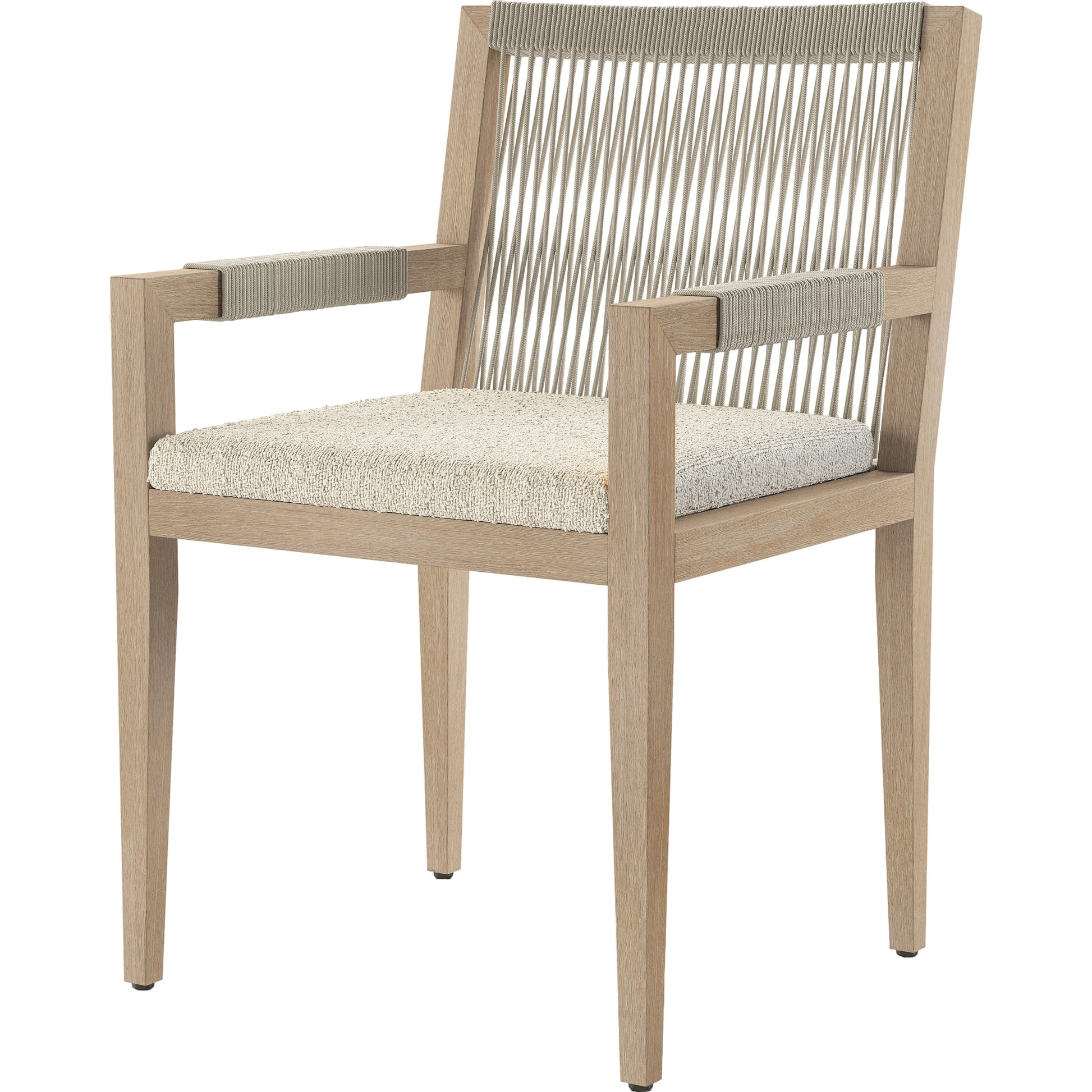 Sherwood Dining Armchair, Washed Brown by Four Hands. Made from 100% olefin, solid fsc®-certified teak, 100% polypropylene in a cottage & farmhouse style.