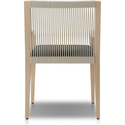 Sherwood Dining Armchair, Washed Brown by Four Hands. Made from 100% olefin, solid fsc®-certified teak, 100% polypropylene in a cottage & farmhouse style.