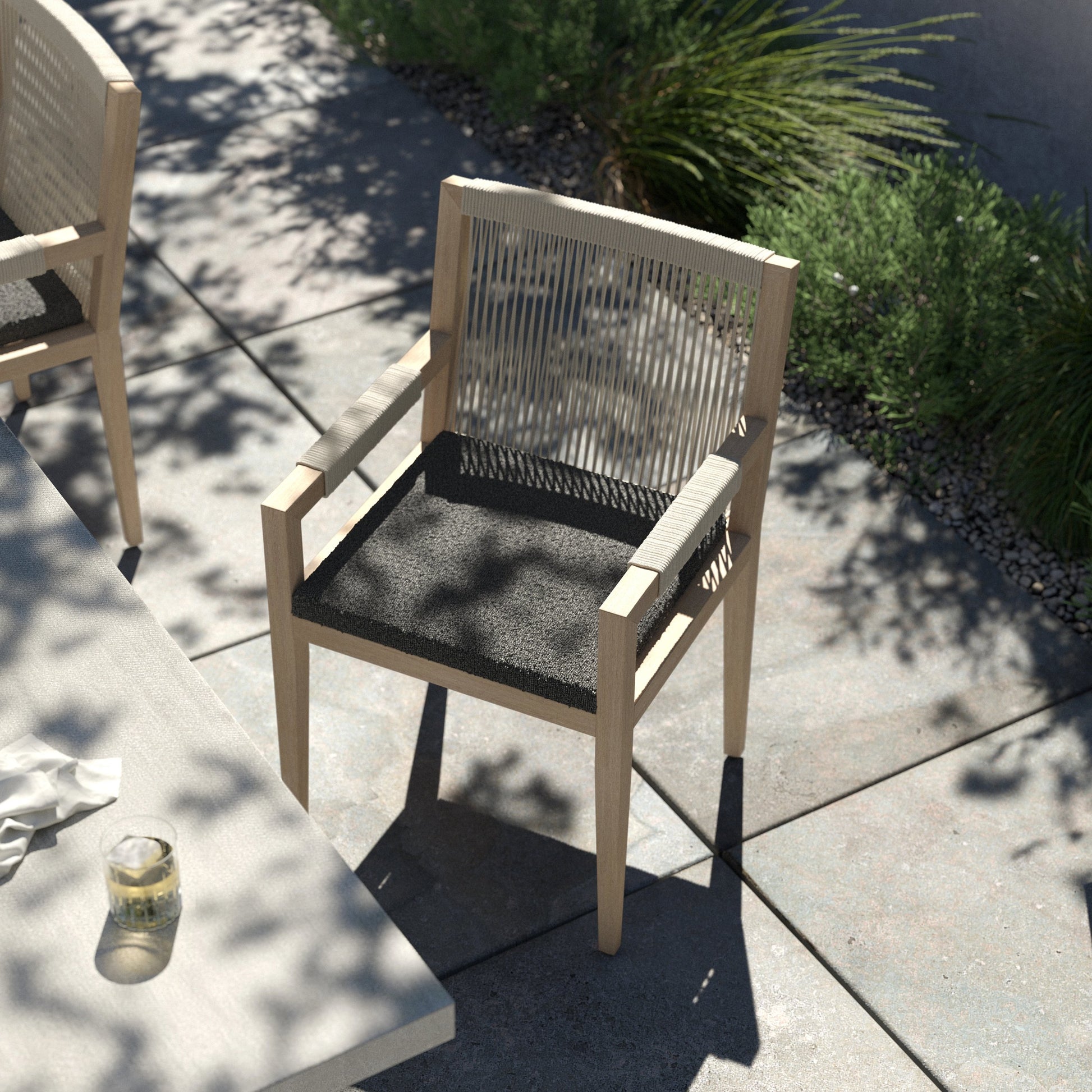 Sherwood Dining Armchair, Washed Brown by Four Hands. Made from 100% olefin, solid fsc®-certified teak, 100% polypropylene in a cottage & farmhouse style.