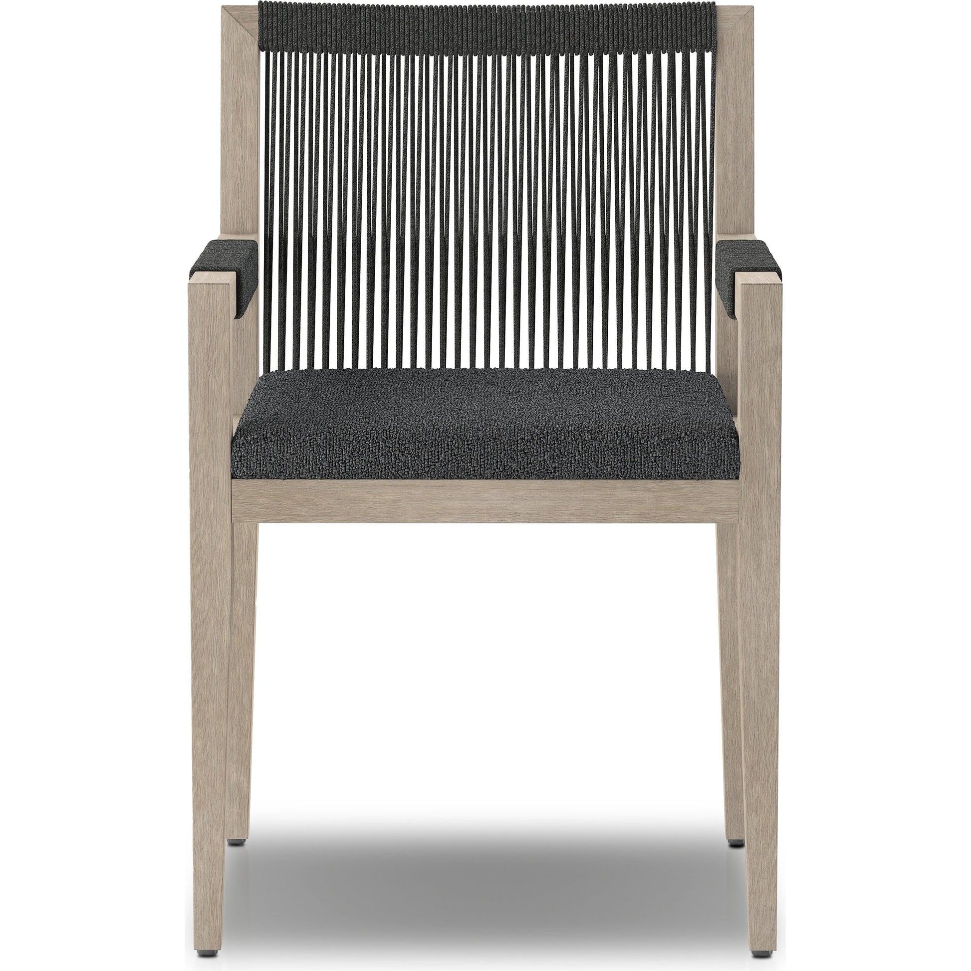 Sherwood Outdoor Dining Armchair, Weathered Grey by Four Hands. Made from 100% olefin, solid fsc®-certified teak, 100% polypropylene in a coastal style.