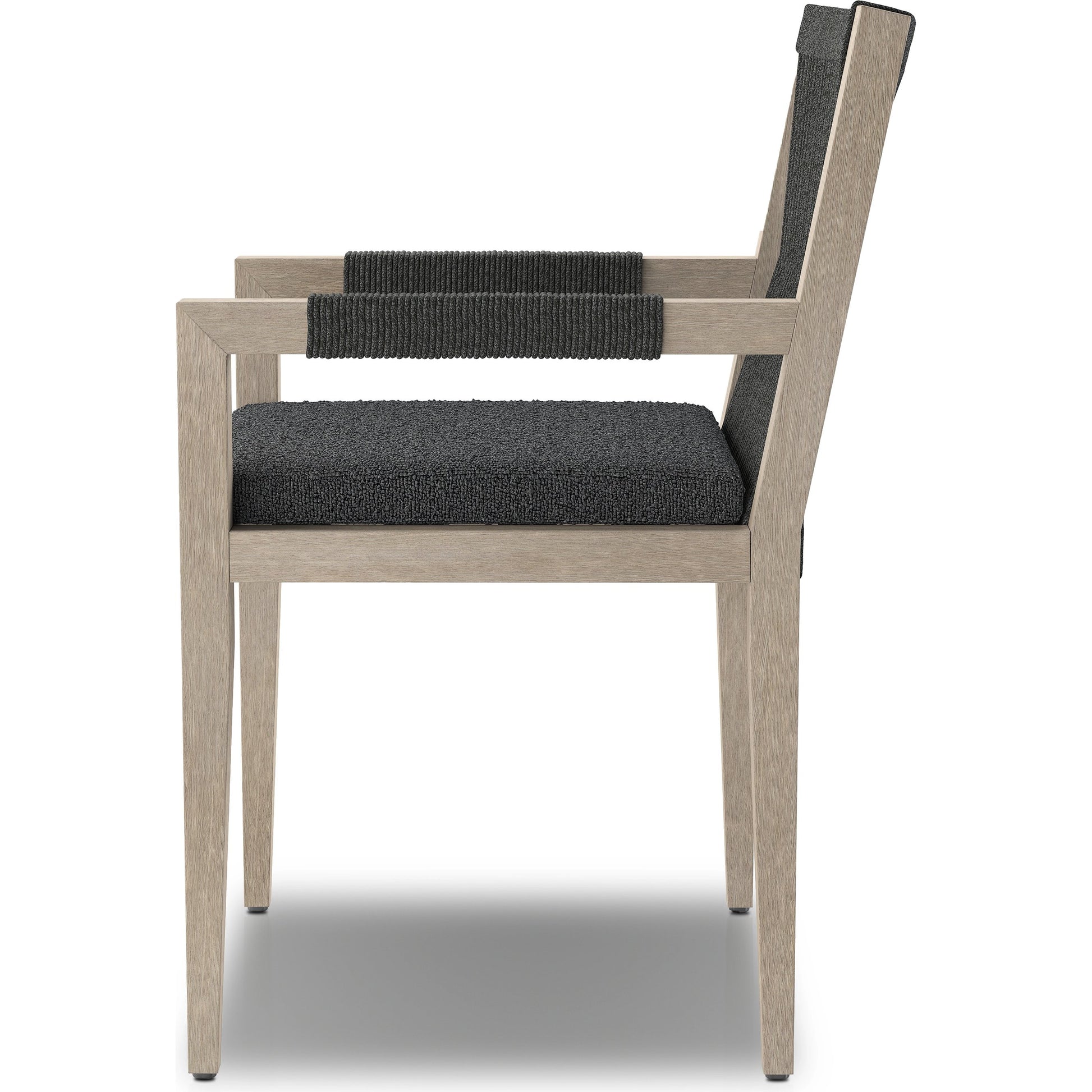 Sherwood Outdoor Dining Armchair, Weathered Grey by Four Hands. Made from 100% olefin, solid fsc®-certified teak, 100% polypropylene in a coastal style.