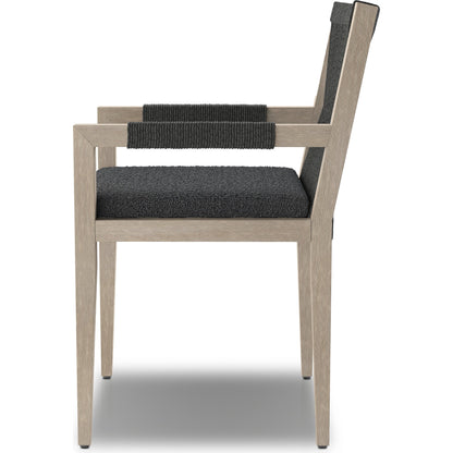 Sherwood Outdoor Dining Armchair, Weathered Grey by Four Hands. Made from 100% olefin, solid fsc®-certified teak, 100% polypropylene in a coastal style.