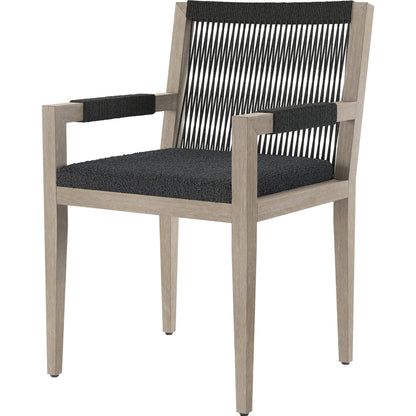 Sherwood Outdoor Dining Armchair, Weathered Grey by Four Hands. Made from 100% olefin, solid fsc®-certified teak, 100% polypropylene in a coastal style.