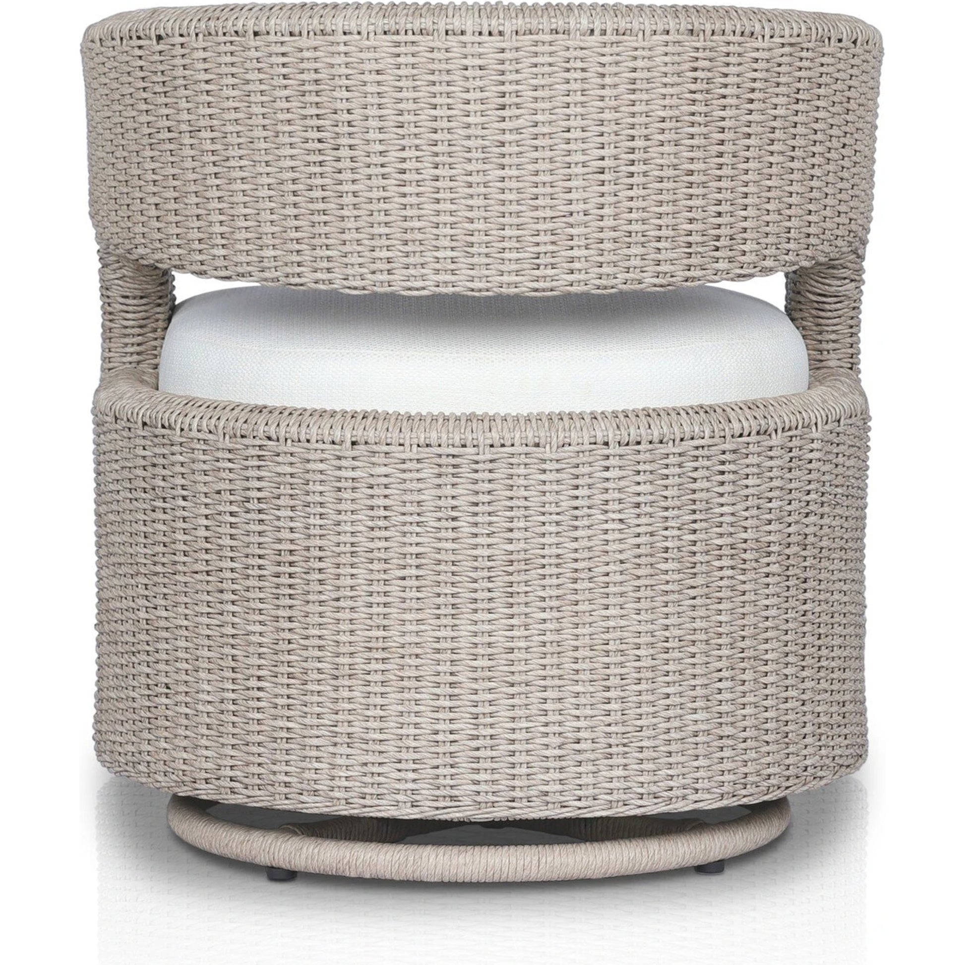 Hawkins Outdoor Swivel Chair by Four Hands. Made from 100% olefin, 100% polyethylene, 91% polyurethane foam pad, 9% polyester fiber batting in a modern style.