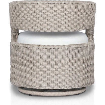 Hawkins Outdoor Swivel Chair by Four Hands. Made from 100% olefin, 100% polyethylene, 91% polyurethane foam pad, 9% polyester fiber batting in a modern style.
