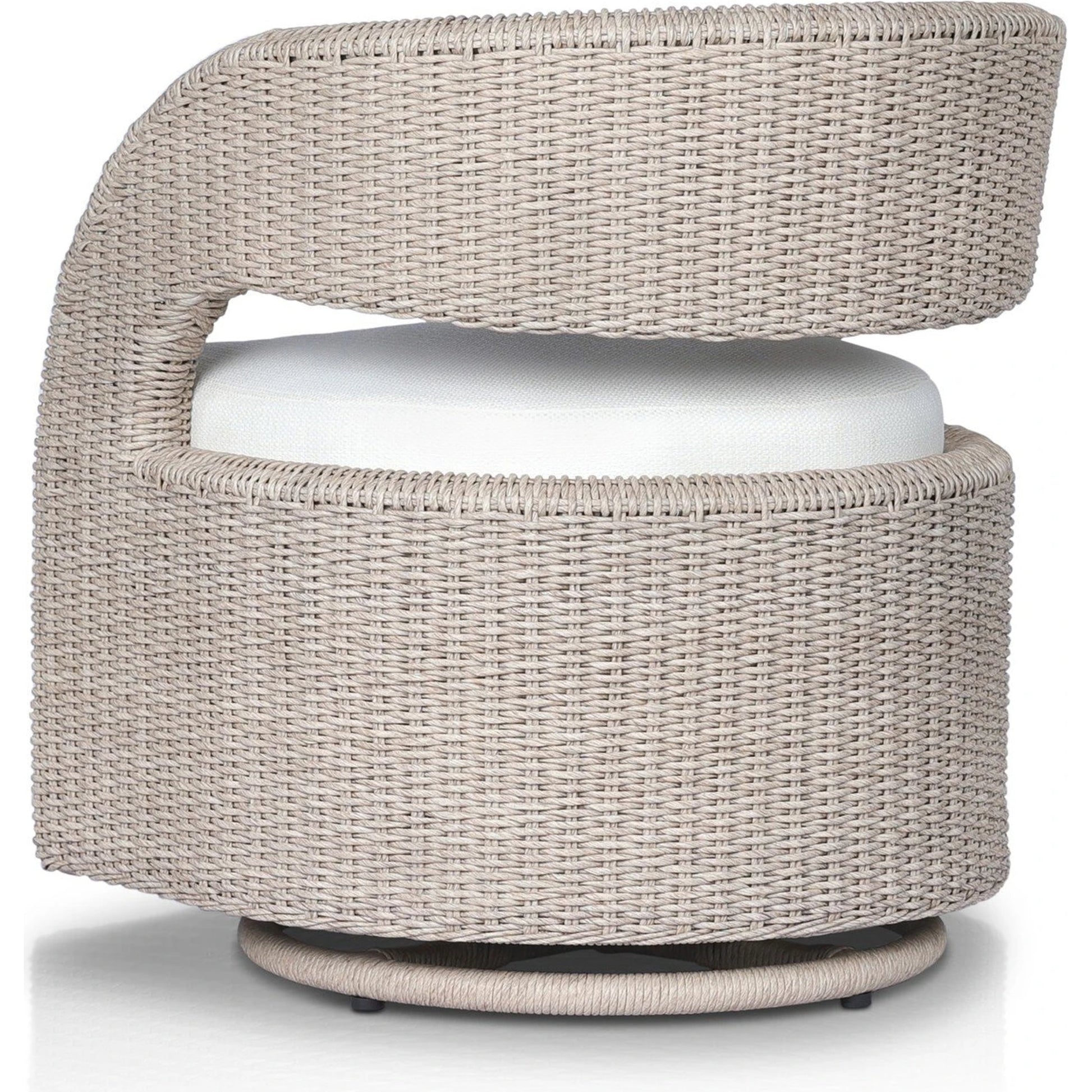 Hawkins Outdoor Swivel Chair by Four Hands. Made from 100% olefin, 100% polyethylene, 91% polyurethane foam pad, 9% polyester fiber batting in a modern style.