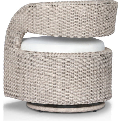 Hawkins Outdoor Swivel Chair by Four Hands. Made from 100% olefin, 100% polyethylene, 91% polyurethane foam pad, 9% polyester fiber batting in a modern style.