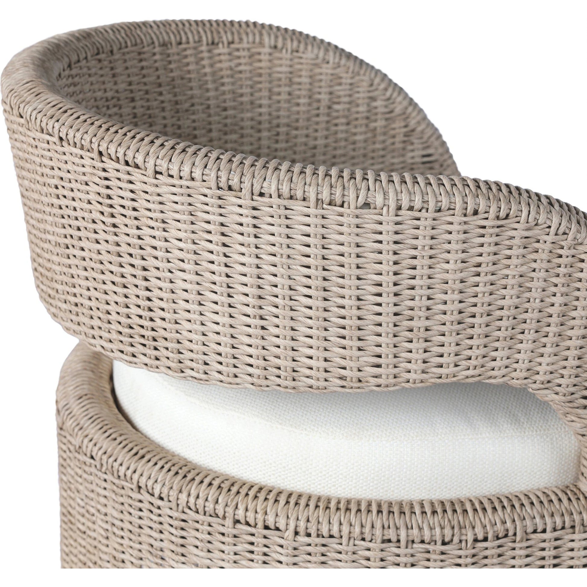 Hawkins Outdoor Swivel Chair by Four Hands. Made from 100% olefin, 100% polyethylene, 91% polyurethane foam pad, 9% polyester fiber batting in a modern style.
