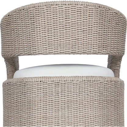 Hawkins Outdoor Swivel Chair by Four Hands. Made from 100% olefin, 100% polyethylene, 91% polyurethane foam pad, 9% polyester fiber batting in a modern style.