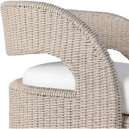 Hawkins Outdoor Swivel Chair by Four Hands. Made from 100% olefin, 100% polyethylene, 91% polyurethane foam pad, 9% polyester fiber batting in a modern style.