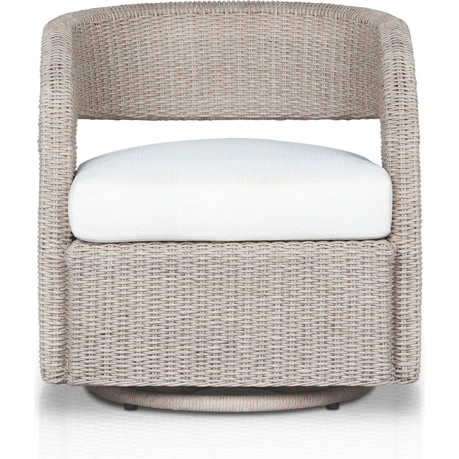 Hawkins Outdoor Swivel Chair by Four Hands. Made from 100% olefin, 100% polyethylene, 91% polyurethane foam pad, 9% polyester fiber batting in a modern style.