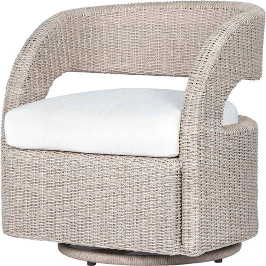 Hawkins Outdoor Swivel Chair by Four Hands. Made from 100% olefin, 100% polyethylene, 91% polyurethane foam pad, 9% polyester fiber batting in a modern style.