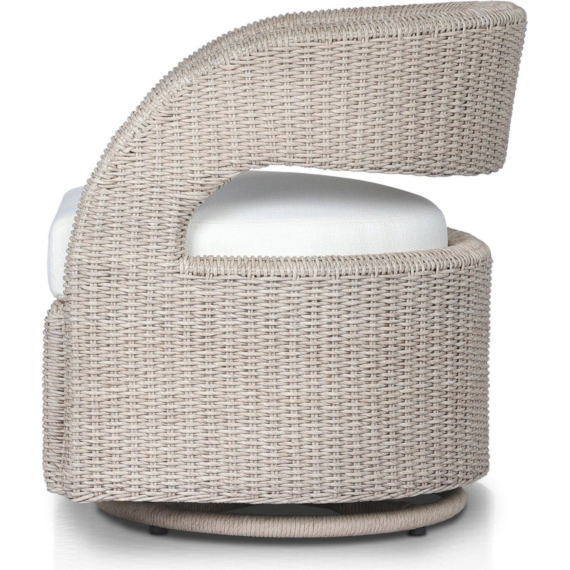 Hawkins Outdoor Swivel Chair by Four Hands. Made from 100% olefin, 100% polyethylene, 91% polyurethane foam pad, 9% polyester fiber batting in a modern style.