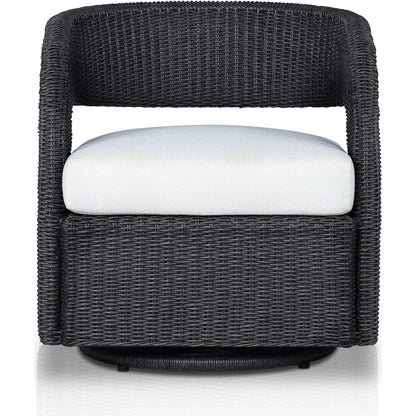 Hawkins Outdoor Swivel Chair by Four Hands. Made from 100% olefin, 100% polyethylene, 91% polyurethane foam pad, 9% polyester fiber batting in a modern style.